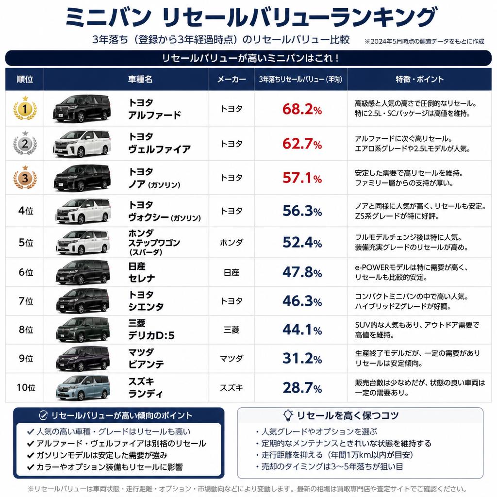 人気ミニバンのリセールバリュー比較